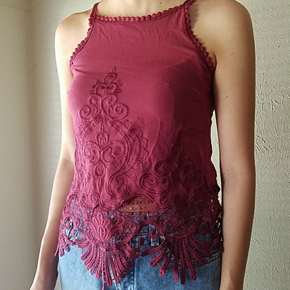 Tops - Maroon red Crochet embroidered halter top